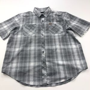 Orvis Tech XL Button Short Sleeve Casual Plaid Pocket Collared Shirt Black Gray
